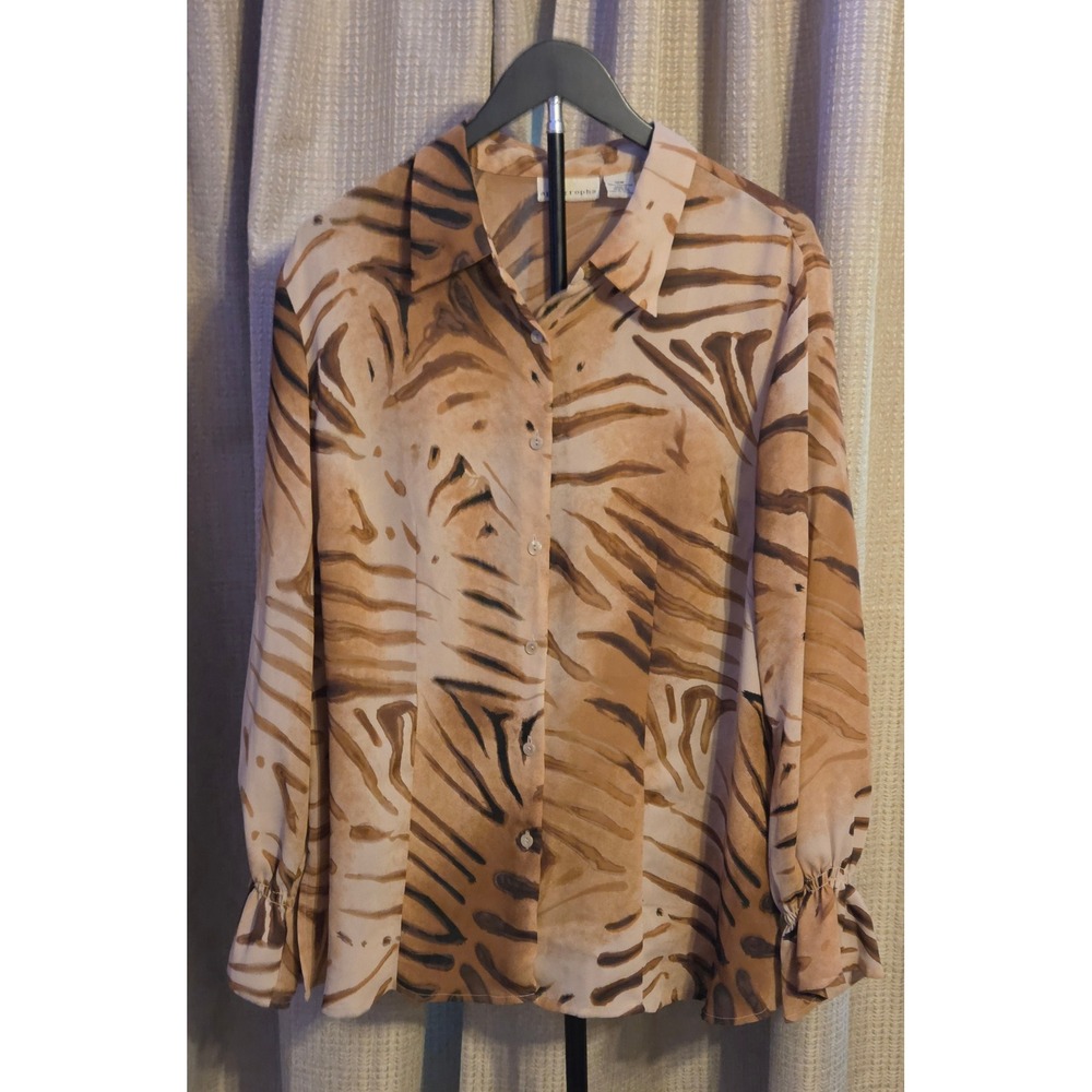 Apostrophe‎ Long Sleeve Animal Print Button Up Sheer Blouse Women's 18W Tiger